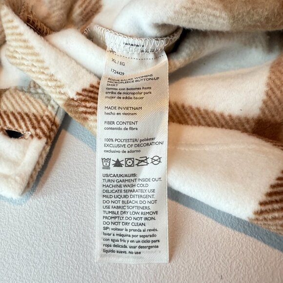 Eddie Bauer Women XL Fleece Shacket Shirt Jacket Buttons Brown Plaid Oversized - Picture 5 of 9